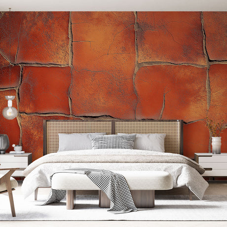 Terracotta stone effect wallpaper in a modern dining room, creating a warm Mediterranean atmosphere with textured wall design