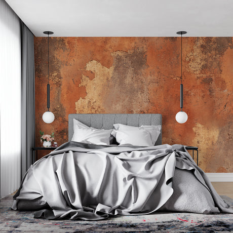 Terracotta stone effect wallpaper in modern living room creating warm, rustic atmosphere