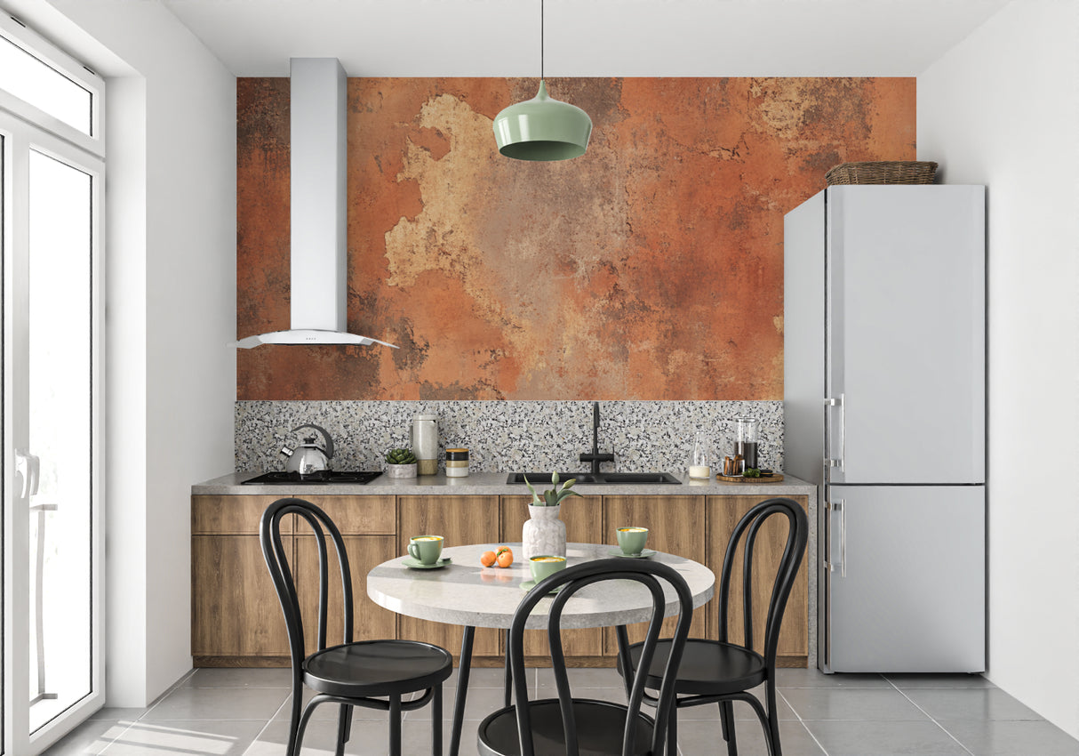 Industrial stone wall mural in dining area with soft lighting