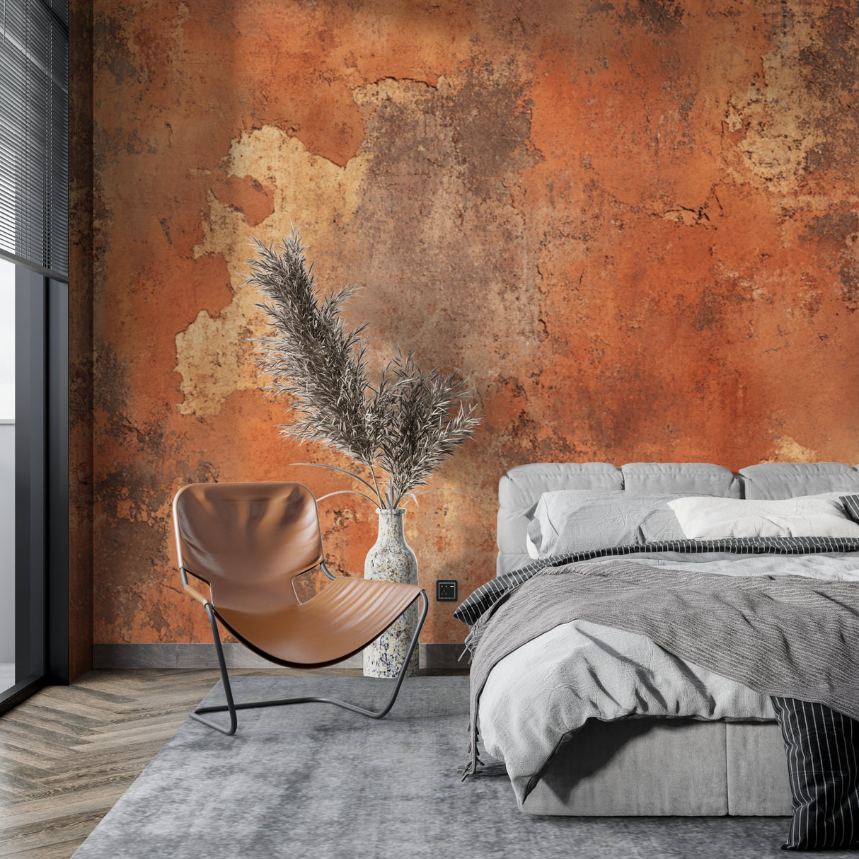 Rustic terracotta wallpaper in home office space
