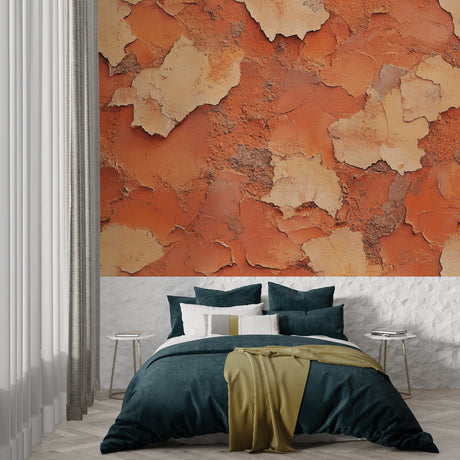 Terracotta wall mural in modern living room showing peeling paint texture effect