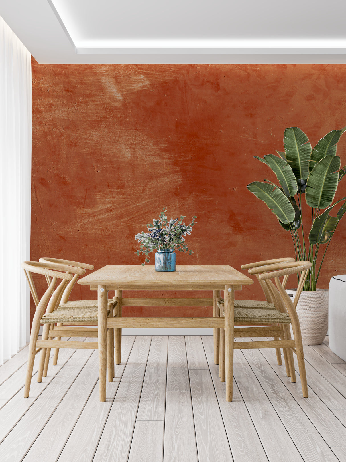 Entryway featuring Mediterranean-inspired terracotta wall covering