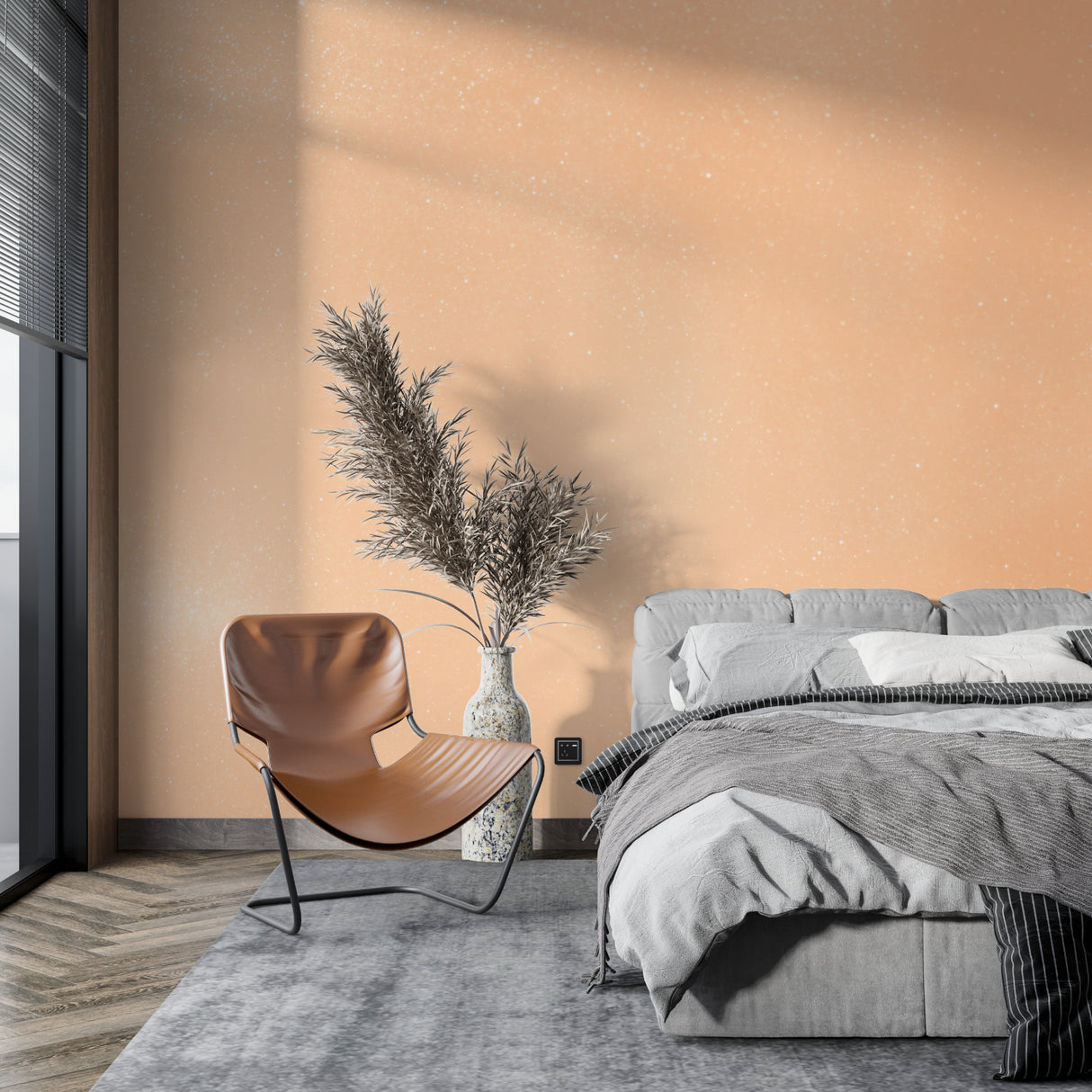 Hallway showcasing terracotta mural wallpaper in natural daylight