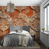 Terracotta Art Deco wallpaper in modern dining room showing spiral pattern and warm tones