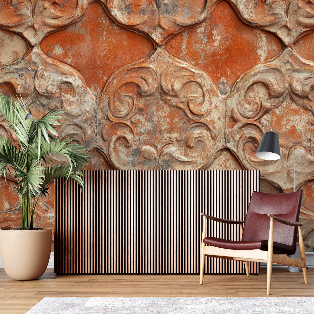 Terracotta pattern wallpaper making statement in contemporary living room