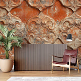 Terracotta pattern wallpaper making statement in contemporary living room