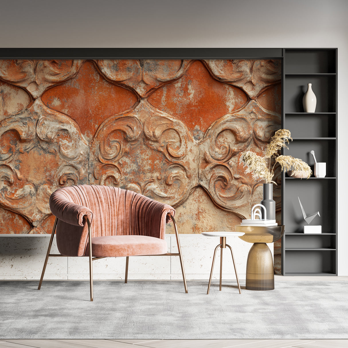 Terracotta wall mural bringing warmth to minimal bedroom space