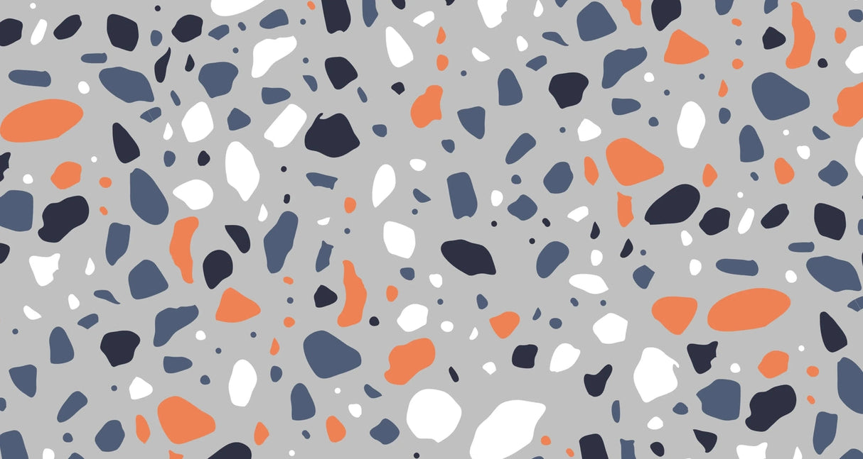 Terrazzo pattern design file showing scattered orange and navy shapes on grey background