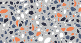 Terrazzo pattern design file showing scattered orange and navy shapes on grey background