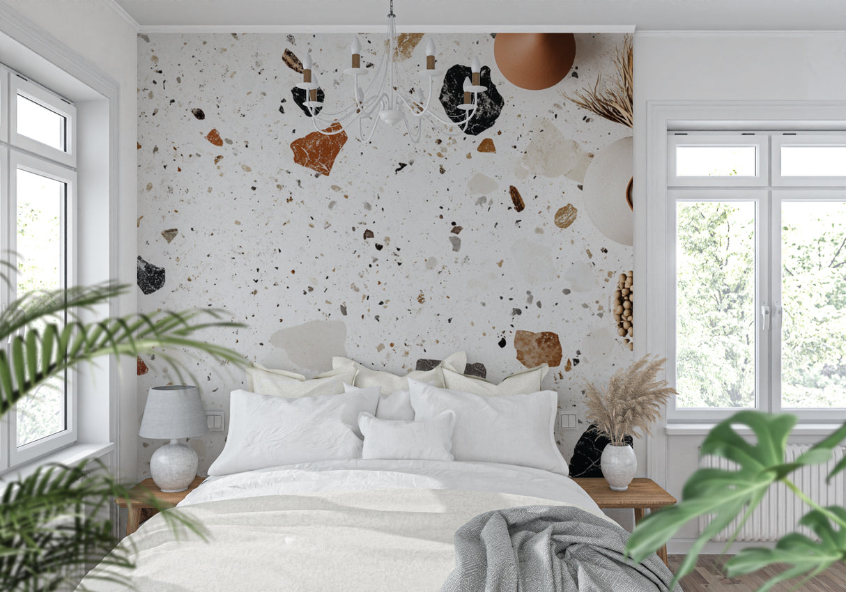 Modern terrazzo wallpaper in a bright living room, white and terracotta stone pattern adding texture to contemporary space