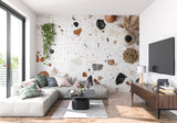 Terrazzo wall mural in minimalist dining room, floating stone design creating depth