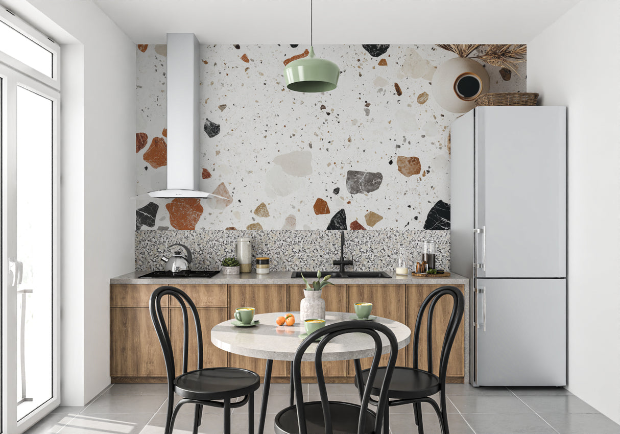 Stone pattern wallpaper in modern office space, terracotta accents popping against white background