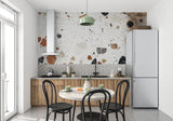 Stone pattern wallpaper in modern office space, terracotta accents popping against white background