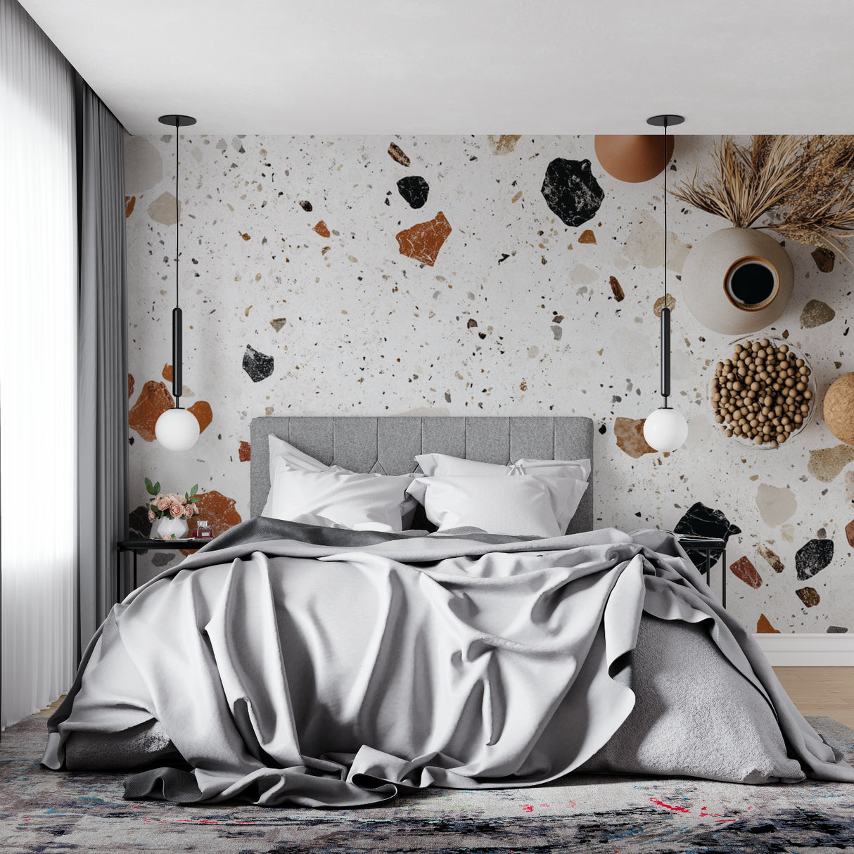 Contemporary terrazzo mural in stylish bathroom, bringing warmth through scattered stone elements