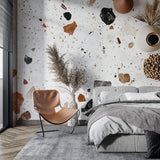 Modern stone wallpaper creating feature wall in bedroom, white and terracotta tones enhancing room ambiance