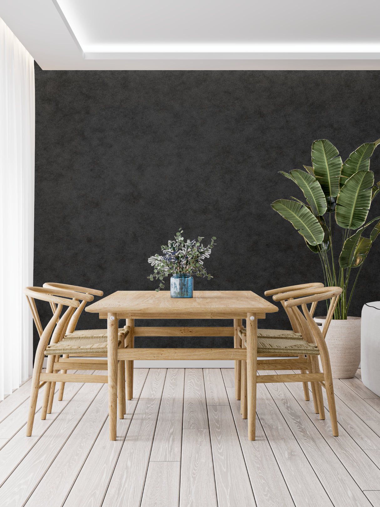 Dark grey textured mural in master bedroom creating moody atmosphere