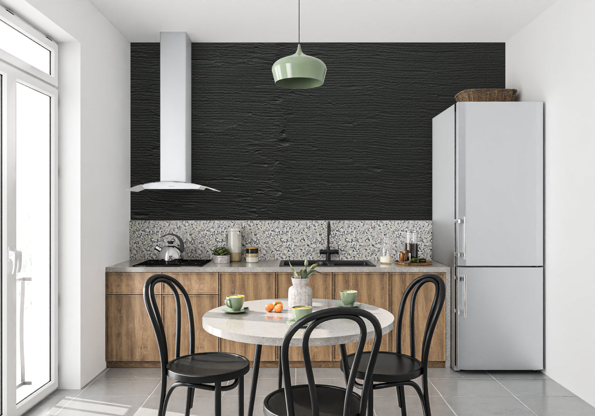 Black wave textured wallpaper in modern living room showing dramatic light effects