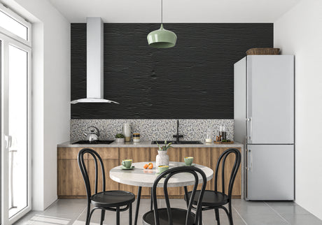 Black wave textured wallpaper in modern living room showing dramatic light effects