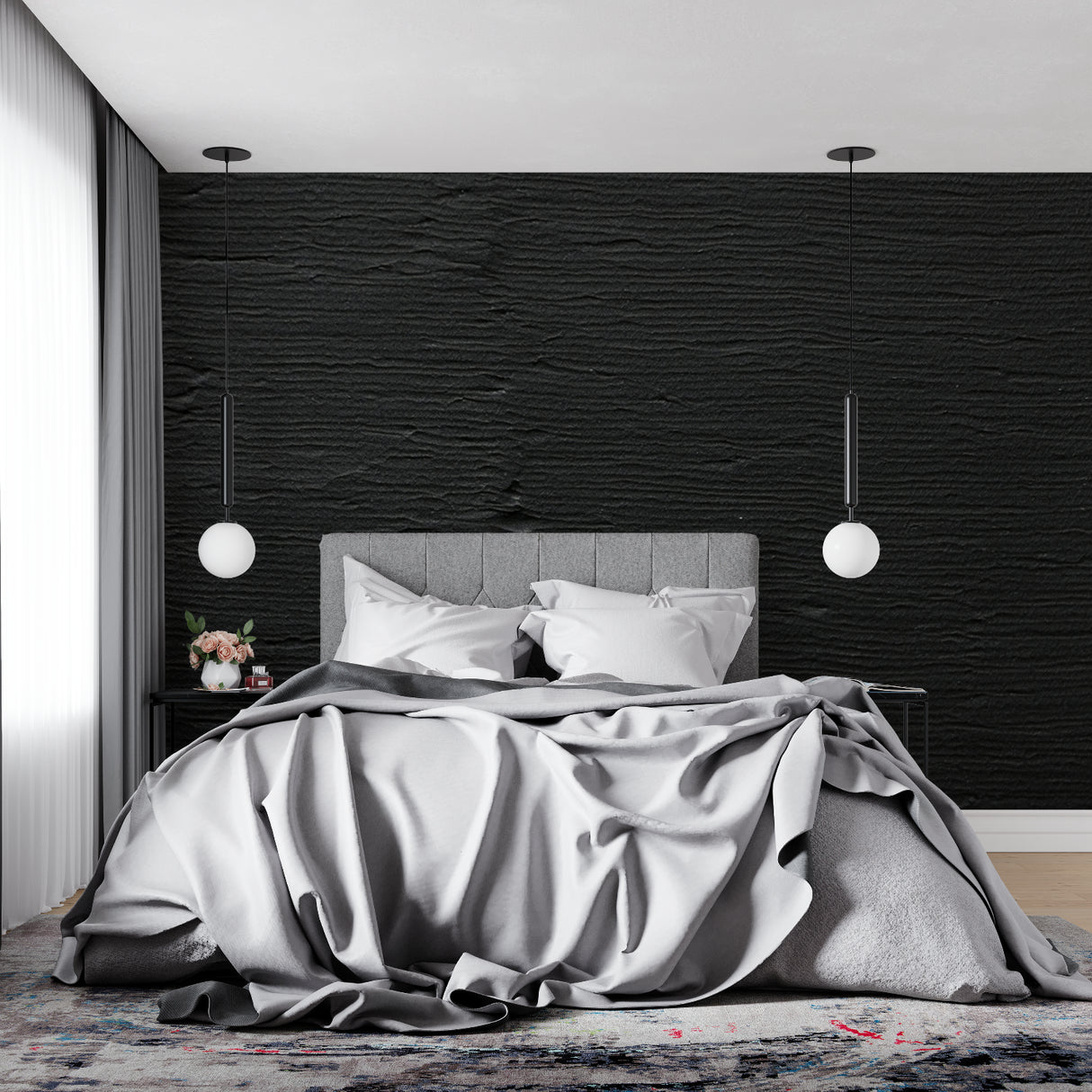 Modern wave pattern wallpaper in bedroom showing ripple texture detail