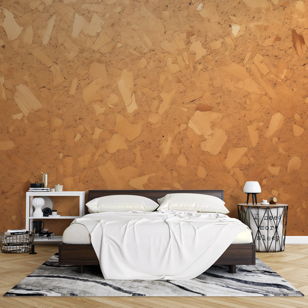 Cork texture wallpaper creating warm ambiance in modern living room with minimalist furniture