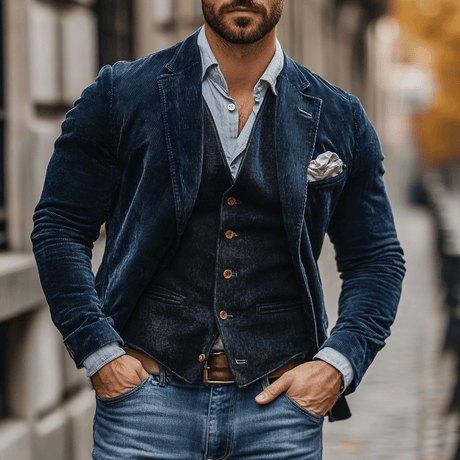 Classic Corduroy Blazer Set  Navy Two-Piece With Vest - Product detail 4