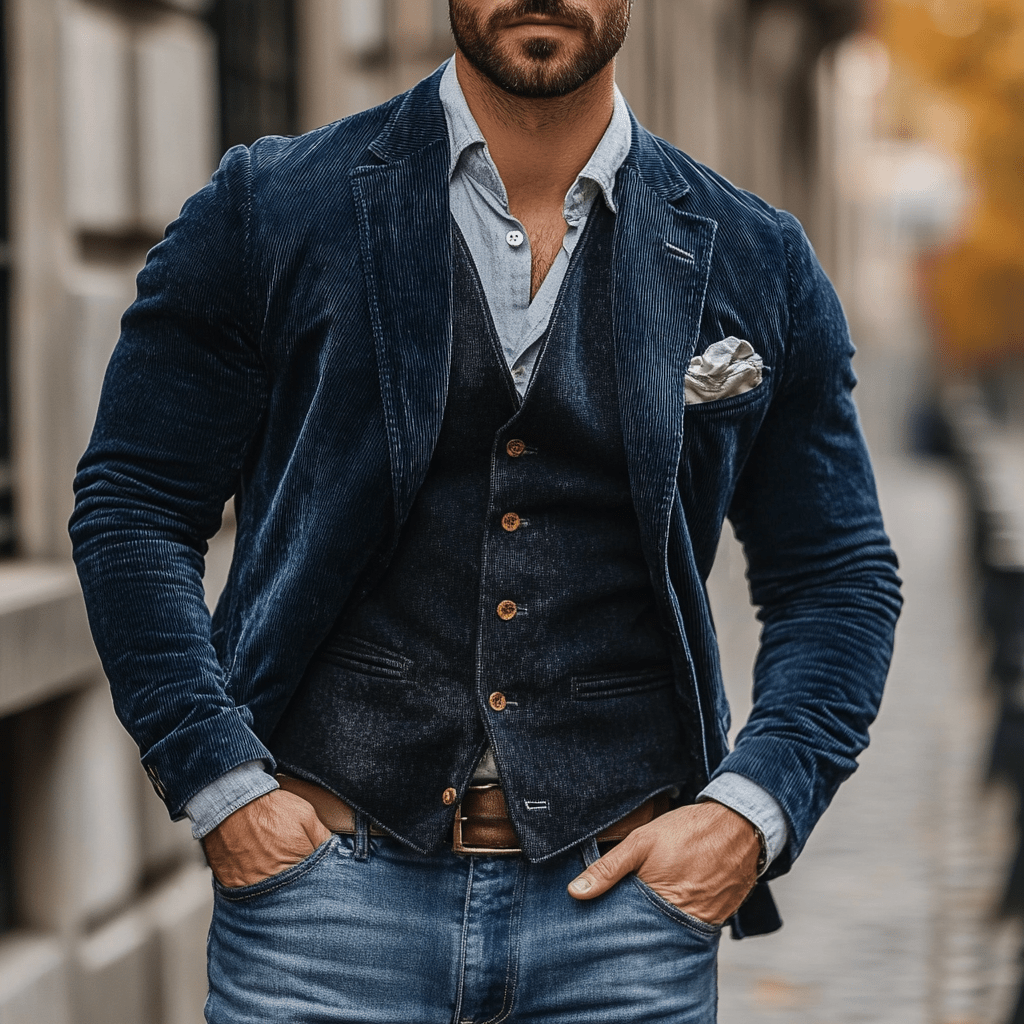 Classic Corduroy Blazer Set  Navy Two-Piece With Vest - Detailed view