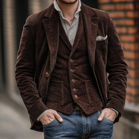 Classic Corduroy Blazer Set  Navy Two-Piece With Vest - Product detail 5