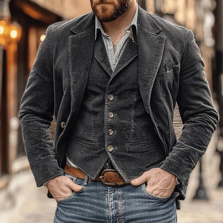 Classic Corduroy Blazer Set  Navy Two-Piece With Vest - Product example