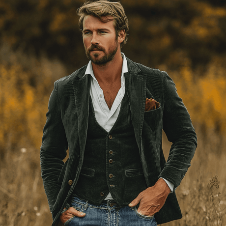 Classic Corduroy Blazer Set  Navy Two-Piece With Vest - Product detail 6