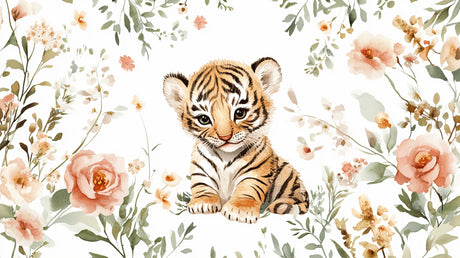 Tiger cub and floral watercolor design file showing intricate pattern details