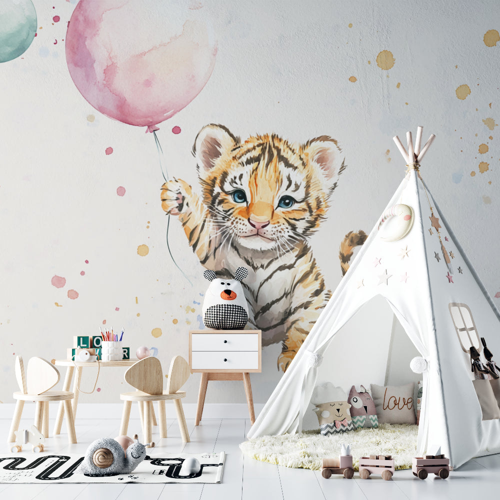 Baby tiger wallpaper creating a cozy reading nook in a children's bedroom