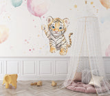 Tiger nursery wallpaper showcased in a gender-neutral baby room