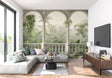 3D Tiger Breaking Wall Mural showcased in modern living room with grey sofa and ambient lighting