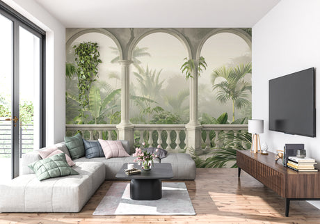 3D Tiger Breaking Wall Mural showcased in modern living room with grey sofa and ambient lighting