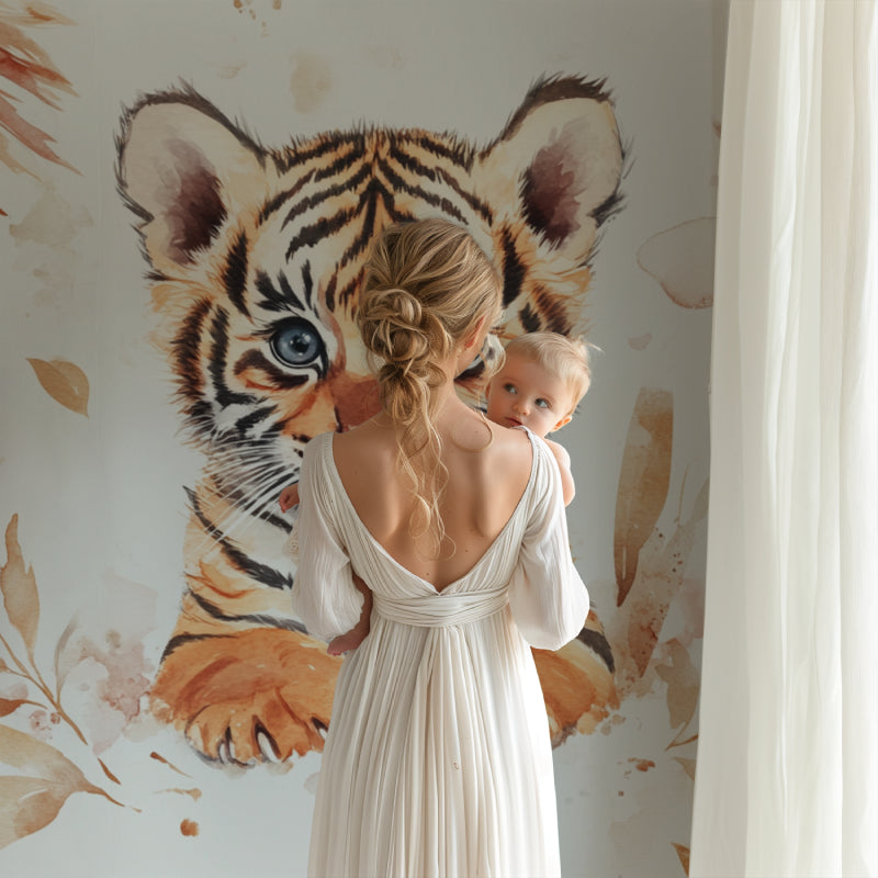 Baby Tiger Wallpaper creates a dreamy atmosphere in a modern nursery with soft natural lighting