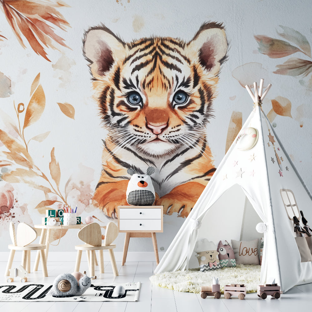 Tiger Cub Mural displayed in a boho-style children's bedroom with neutral decor