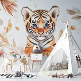 Tiger Cub Mural displayed in a boho-style children's bedroom with neutral decor
