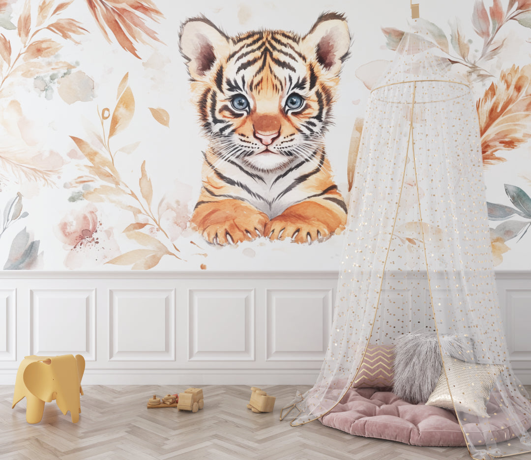 Baby Bengal Tiger Wallpaper bringing warmth to a minimalist playroom setting