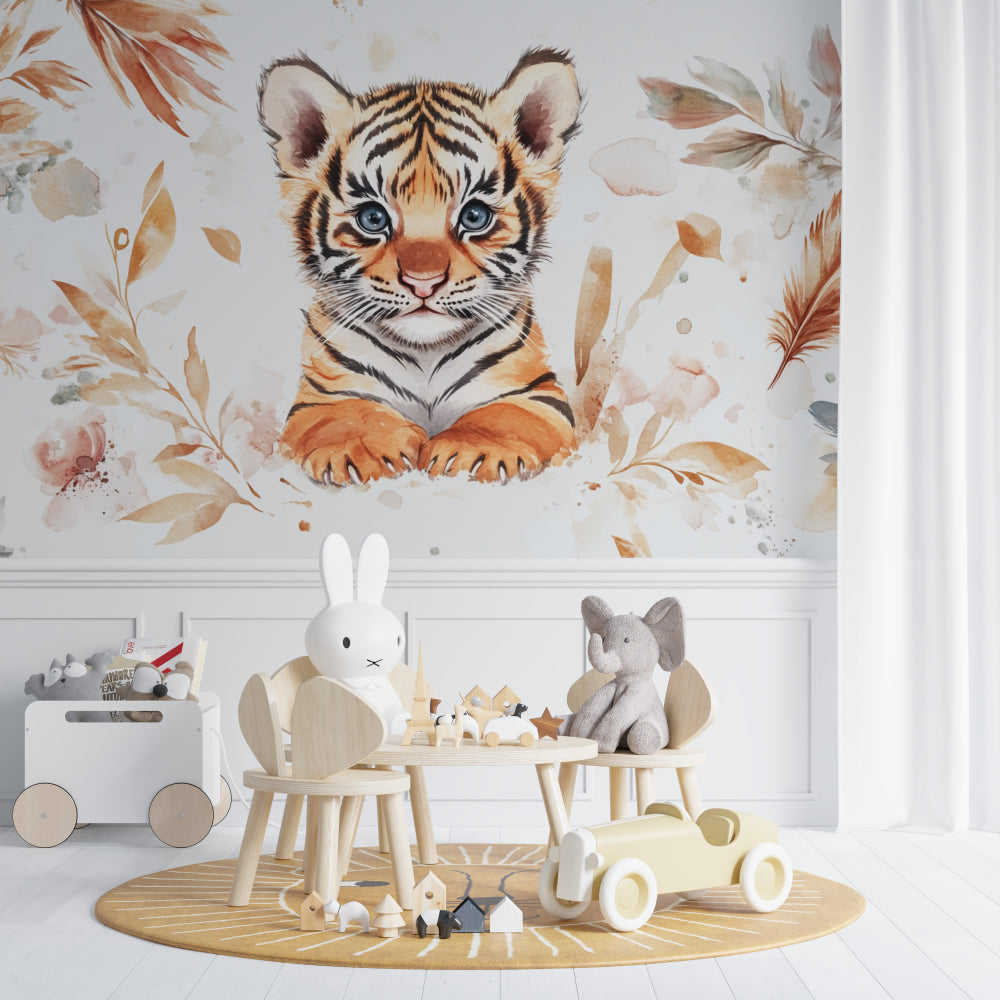 Tiger Nursery Wallpaper showcased in a reading nook with cozy furniture