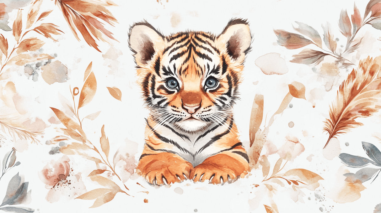 Baby Bengal Tiger with Boho Feathers design file showing intricate watercolor details and pattern