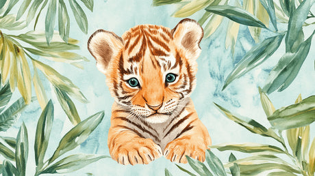 Baby tiger design file showing watercolor jungle pattern with detailed tropical leaves