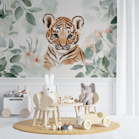 Baby Tiger Cub wallpaper in a modern nursery with white furniture and natural light
