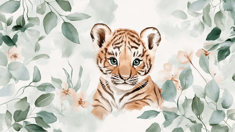 Baby Tiger Cub with Eucalyptus Leaves design file showing intricate watercolor details