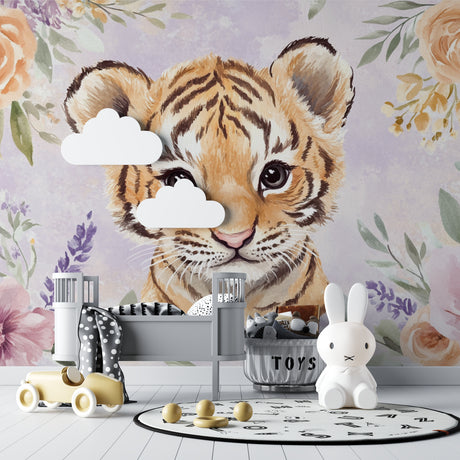 Tiger cub wallpaper in modern nursery with white furniture and soft lighting