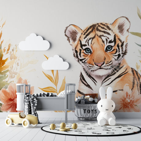 Baby Tiger Cub Wallpaper in modern nursery with white furniture and soft lighting