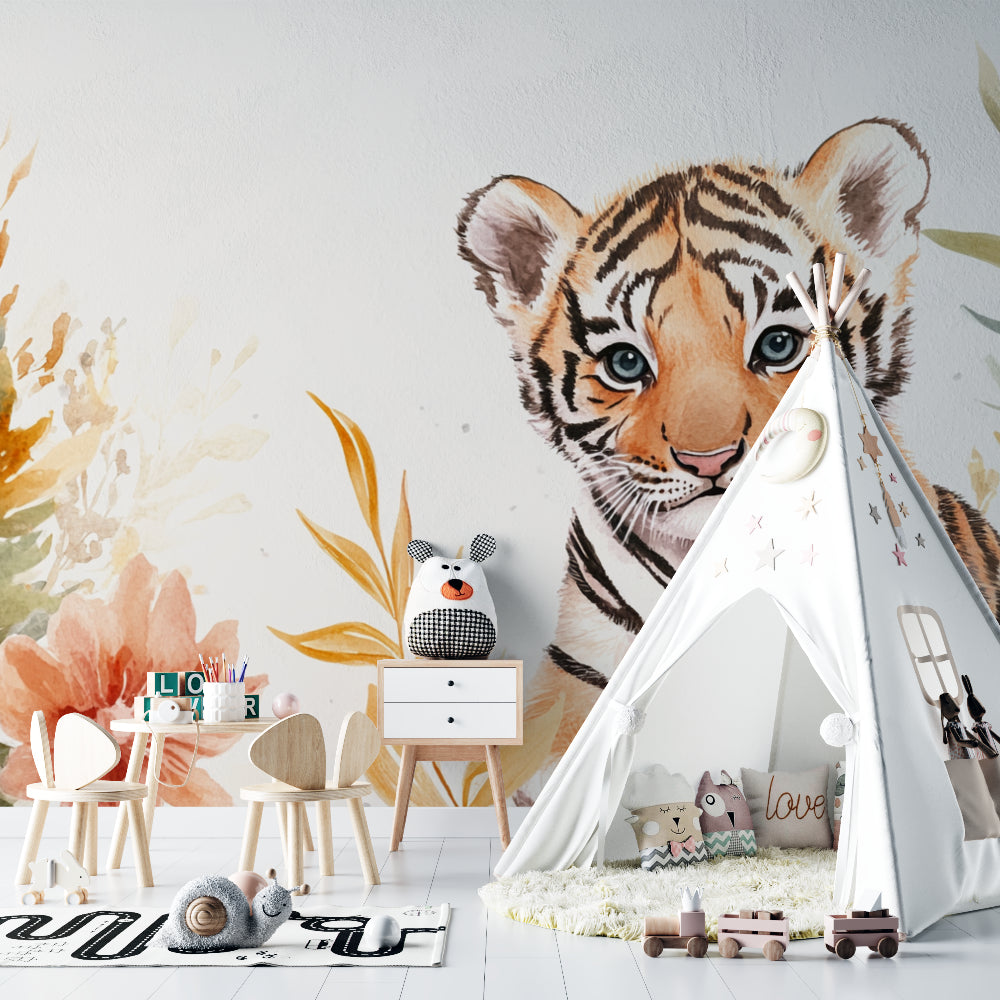 Tiger Cub Wall Mural in children's playroom showing scale and impact