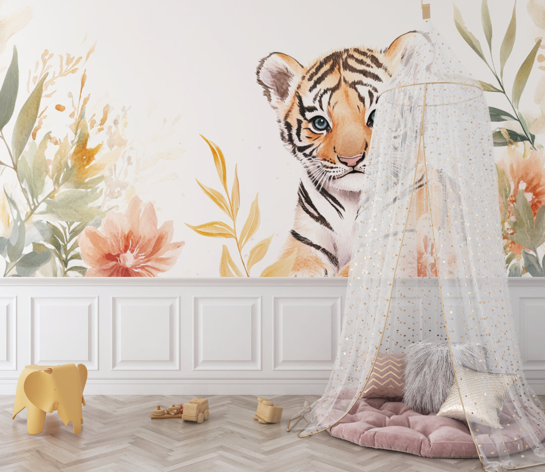 Tiger Cub Mural styled in girl's bedroom with floral accessories