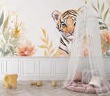 Tiger Cub Mural styled in girl's bedroom with floral accessories