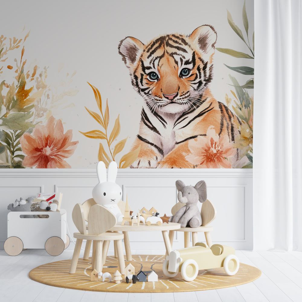 Baby Tiger Wall Mural in neutral nursery showing full wall application
