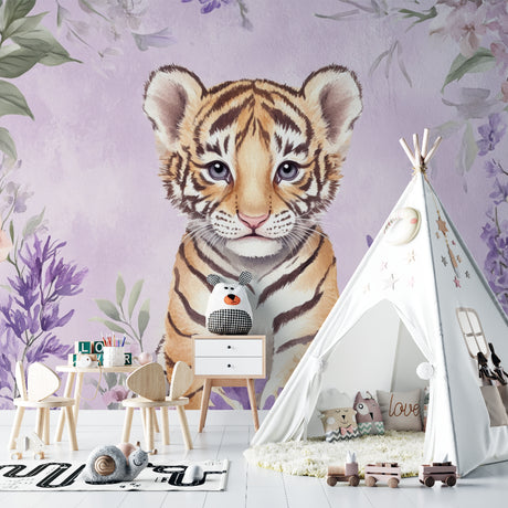 Baby tiger wallpaper in a modern white nursery with purple accents and wooden furniture
